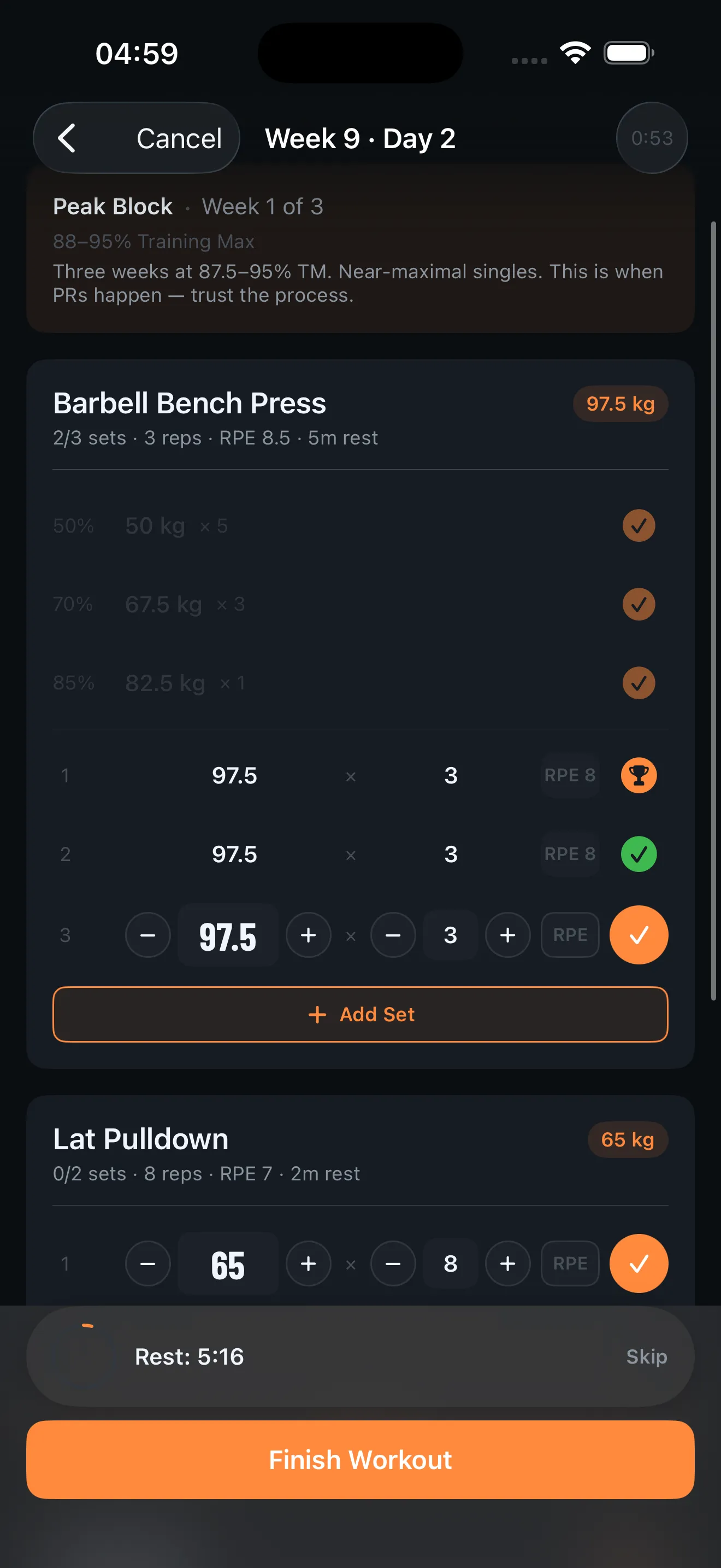 SteelRep active workout — warmup sets checked off, working sets in progress with rest timer running