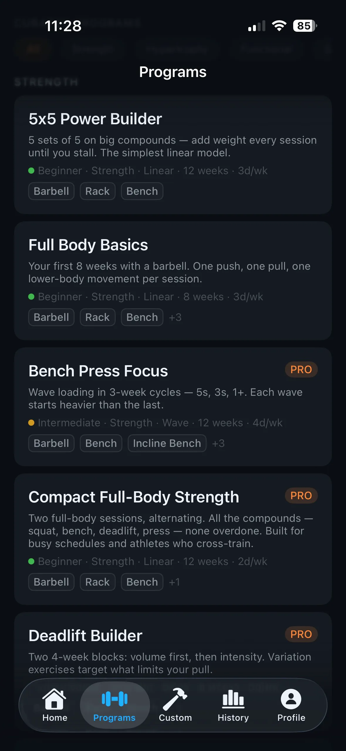 SteelRep Programs library — 29 structured strength programs, all free forever