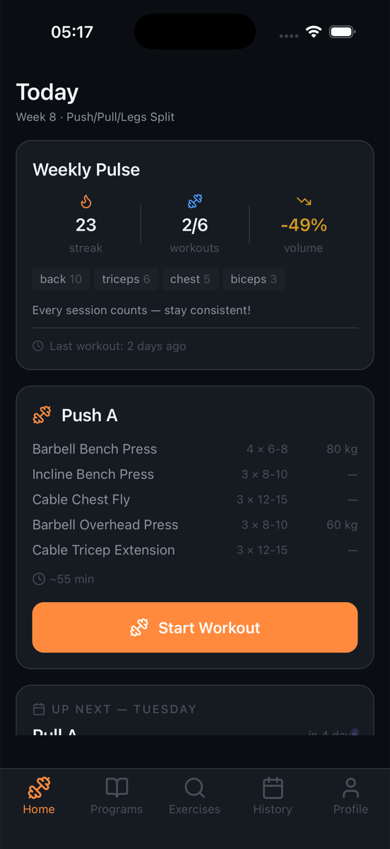 SteelRep Today view — weekly pulse, current program, and Start Workout button
