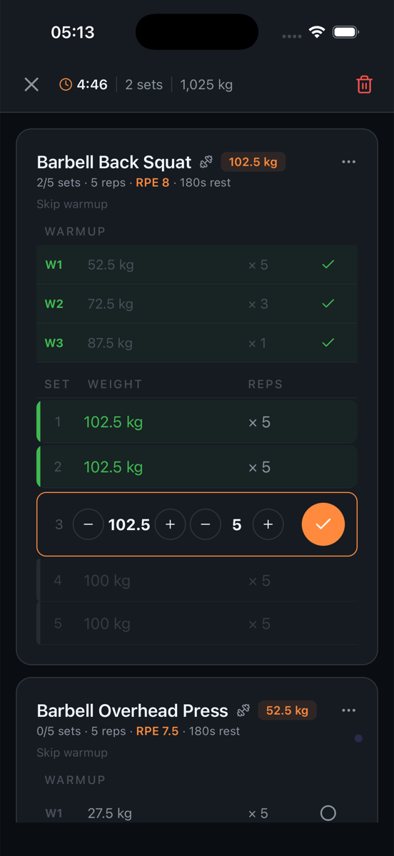SteelRep Workout view — live set tracking with weight and reps input