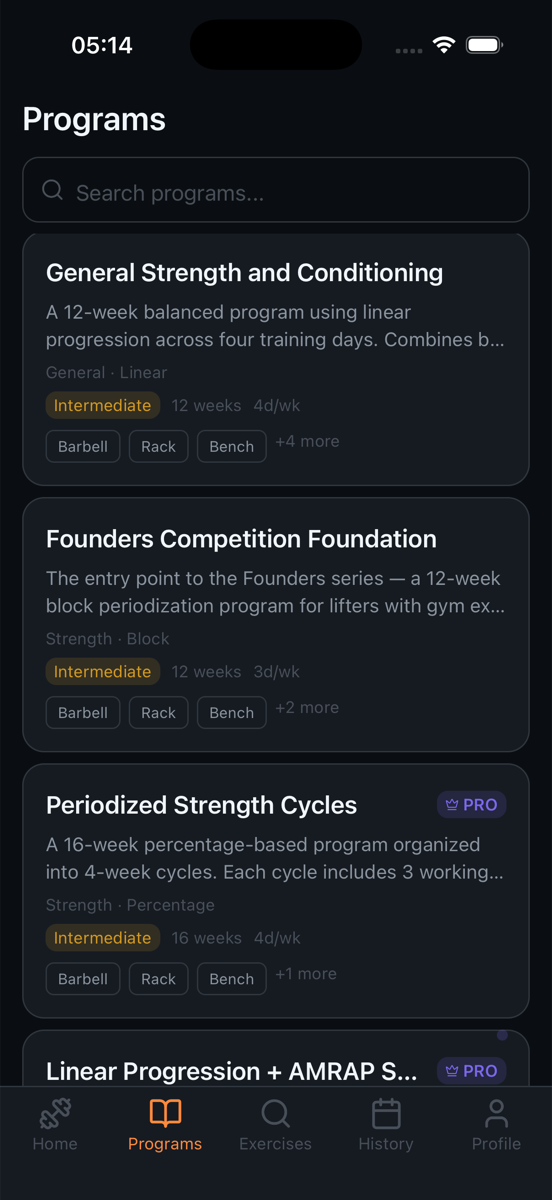SteelRep Programs library showing structured strength routines