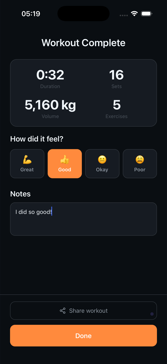 SteelRep workout summary with volume, PRs, and muscle group breakdown