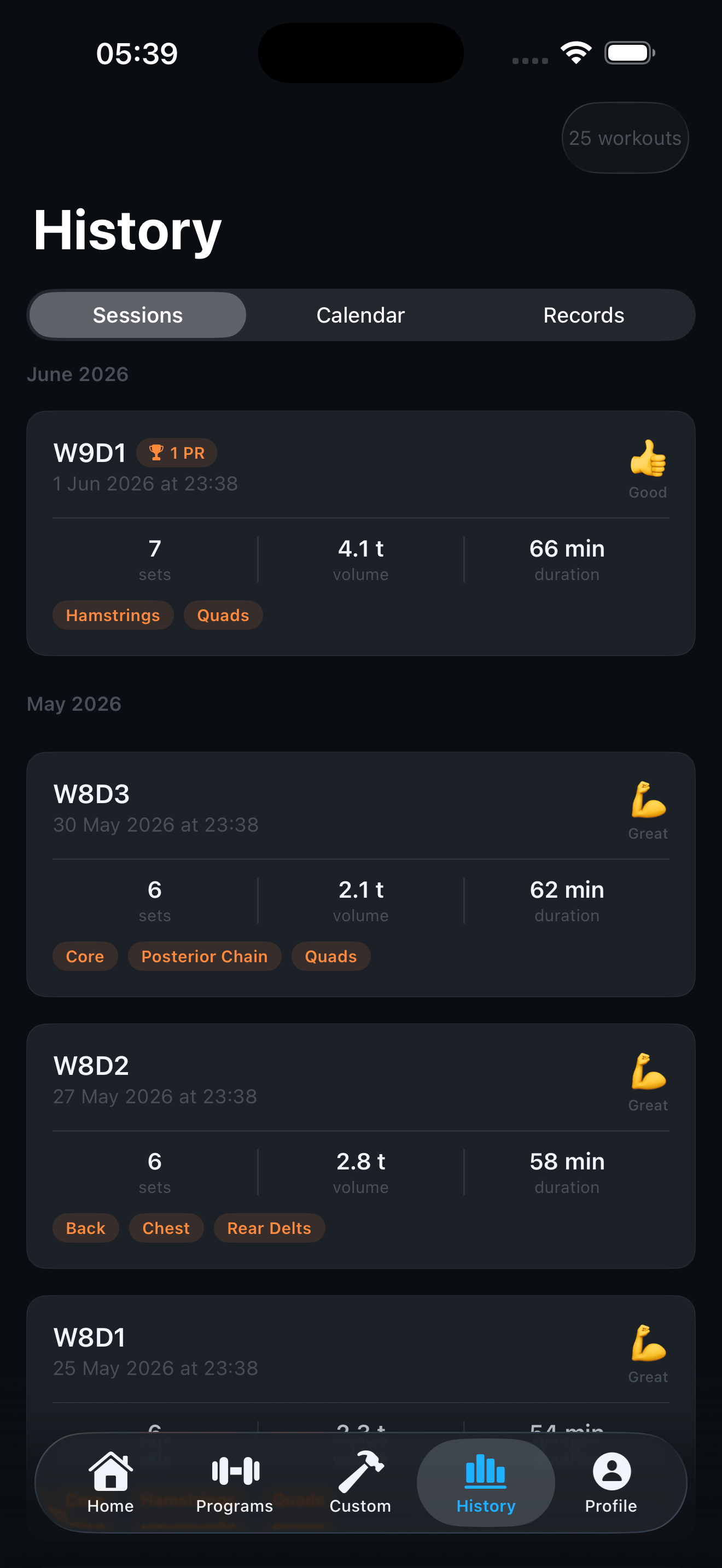 SteelRep workout history — session list with volume, duration, PR badges and muscle group tags